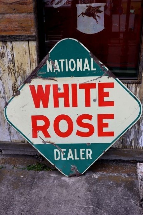 画像1: dp-240207-21 NATIONAL DEALER WHITE ROSE / 1950's Gas Station W-Sided Enamel Sign
