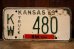 画像1: dp-dp-250205-21 License Plate 1963 KANSAS "KW-480" (1)