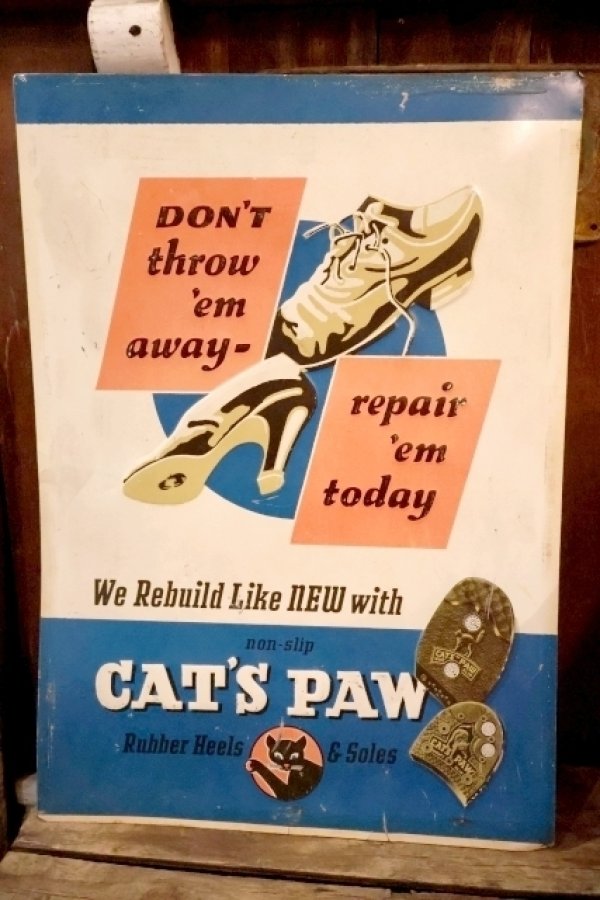画像1: dp-260204-06 CAT'S PAW Rubber Heels 1940's Advertising Metal Sign