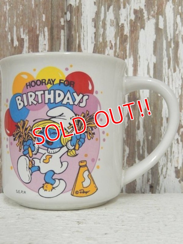 画像1: ct-140509-19 Smurfette / 80's Ceramic Mug "Hooray For Birthdays"